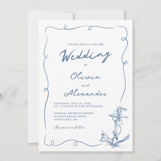 Whimsical Hand Drawn Nautical Anchor Wedding 招待状 (正面)