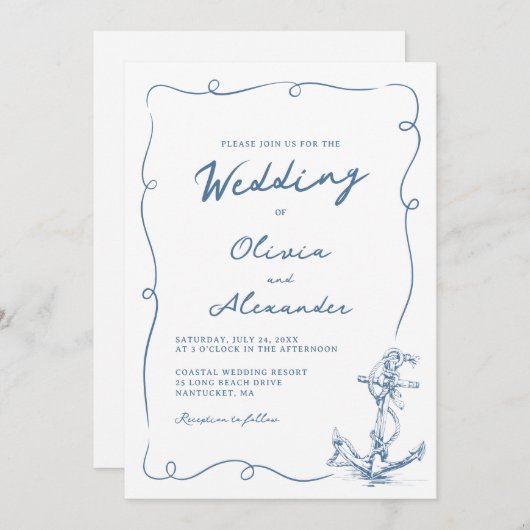 Whimsical Hand Drawn Nautical Anchor Wedding  招待状 (正面/裏面)