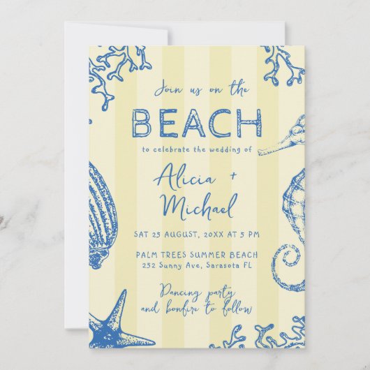 Whimsical hand drawn nautical coastal wedding  招待状 (正面)