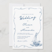 Whimsical Hand Drawn Nautical Sailboat Wedding 招待状 (正面)