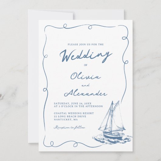 Whimsical Hand Drawn Nautical Sailboat Wedding 招待状 (正面)