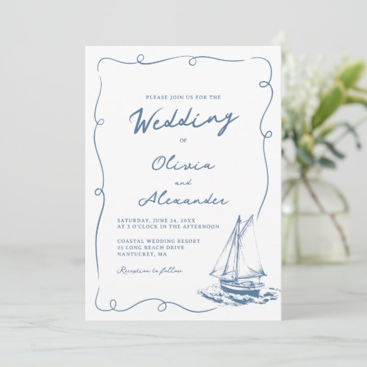 Whimsical Hand Drawn Nautical Sailboat Wedding 招待状 (スタンド正面)
