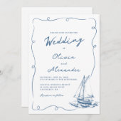 Whimsical Hand Drawn Nautical Sailboat Wedding 招待状 (正面/裏面)