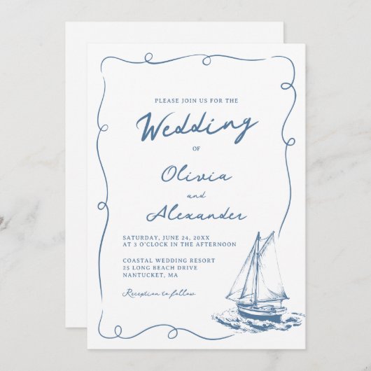 Whimsical Hand Drawn Nautical Sailboat Wedding 招待状 (正面/裏面)