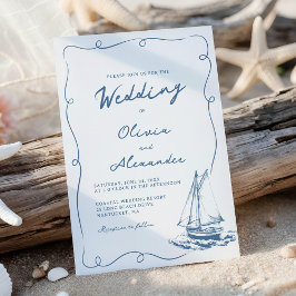 Whimsical Hand Drawn Nautical Sailboat Wedding 招待状