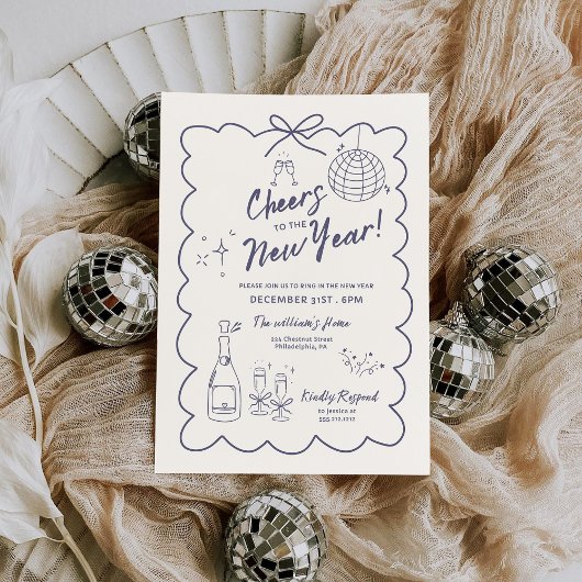 Whimsical Hand Drawn New Year Party Invitation 招待状