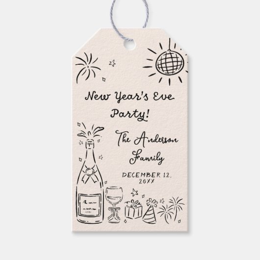Whimsical Hand Drawn New Year's Eve Party ギフトタグ (正面)