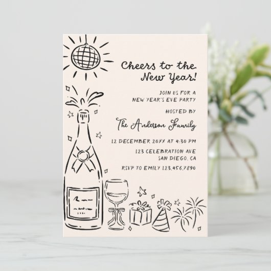 Whimsical Hand Drawn New Years Eve Party 招待状 (スタンド正面)