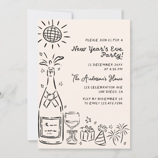 Whimsical Hand Drawn New Year's Eve Party 招待状 (正面)