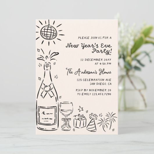 Whimsical Hand Drawn New Year's Eve Party 招待状 (スタンド正面)