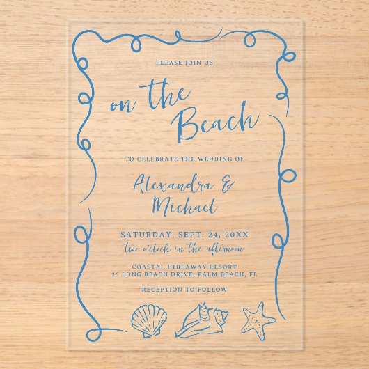 Whimsical Hand Drawn On the Beach Wedding アクリル招待状 (正面)
