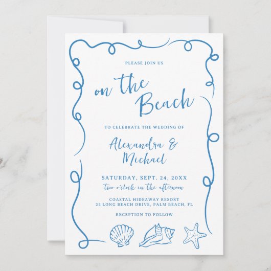 Whimsical Hand Drawn On the Beach Wedding 招待状 (正面)