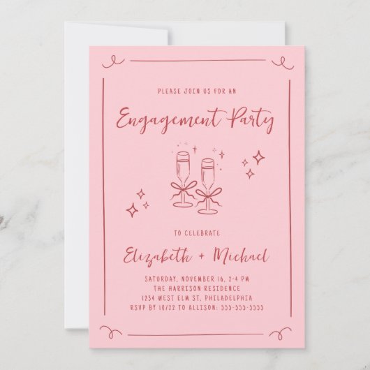 Whimsical Hand Drawn Pink Red Engagement Party 招待状 (正面)