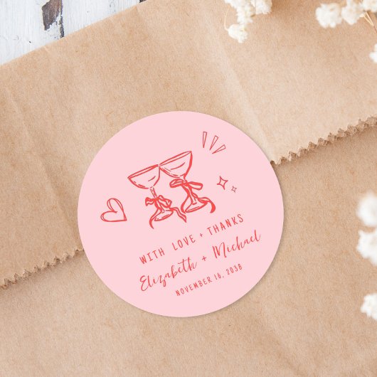 Whimsical Hand Drawn Pink Red Wedding Thank You ラウンドシール
