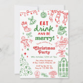 Whimsical Hand Drawn Red and Green Christmas Party 招待状 (正面)