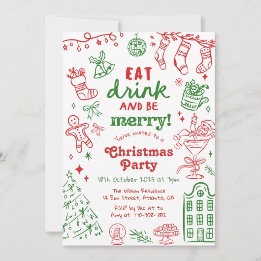 Whimsical Hand Drawn Red and Green Christmas Party 招待状 (正面)