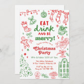 Whimsical Hand Drawn Red and Green Christmas Party 招待状 (正面/裏面)