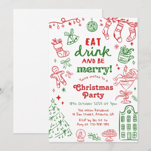 Whimsical Hand Drawn Red and Green Christmas Party 招待状 (正面/裏面)