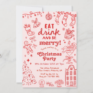 Whimsical Hand Drawn Red and Pink Christmas Party 招待状