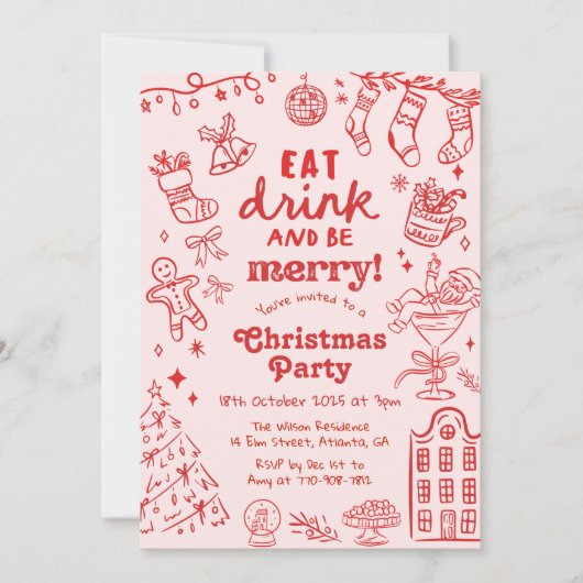 Whimsical Hand Drawn Red and Pink Christmas Party 招待状 (正面)