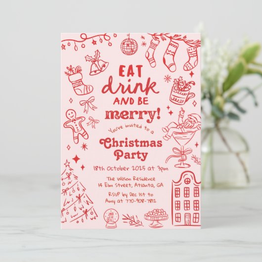 Whimsical Hand Drawn Red and Pink Christmas Party 招待状 (スタンド正面)