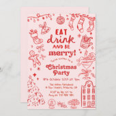 Whimsical Hand Drawn Red and Pink Christmas Party 招待状 (正面/裏面)