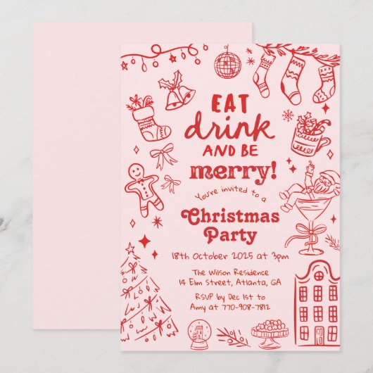 Whimsical Hand Drawn Red and Pink Christmas Party 招待状 (正面/裏面)