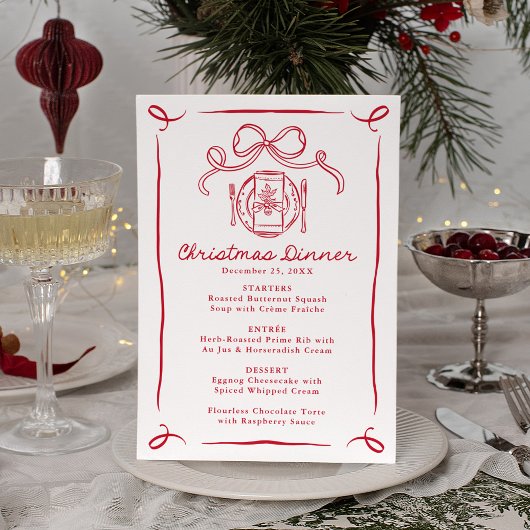 Whimsical Hand-Drawn Red Bow Christmas Dinner メニュー