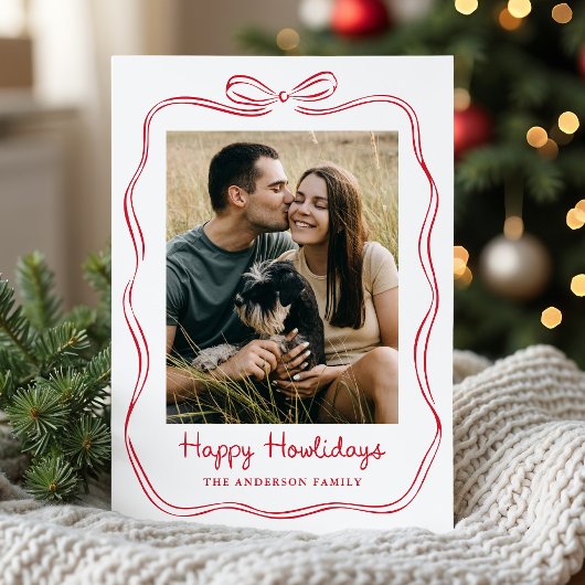 Whimsical Hand-Drawn Red Bow Happy Howlidays Photo シーズンカード