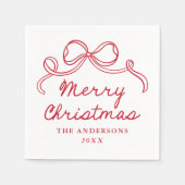 Whimsical Hand-Drawn Red Bow Merry Christmas スタンダードカクテルナプキン (正面)