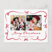 Whimsical Hand-Drawn Red Bows 2 Photo Christmas シーズンポストカード (正面)