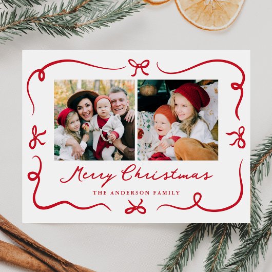 Whimsical Hand-Drawn Red Bows 2 Photo Christmas シーズンポストカード