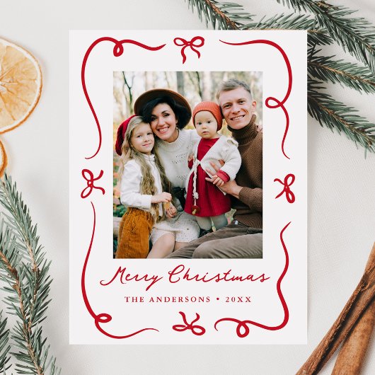 Whimsical Hand-Drawn Red Bows Photo Christmas シーズンポストカード