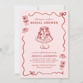 Whimsical Hand Drawn Red Cherries & Bows 招待状 (正面)