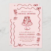 Whimsical Hand Drawn Red Cherries & Bows 招待状 (正面/裏面)