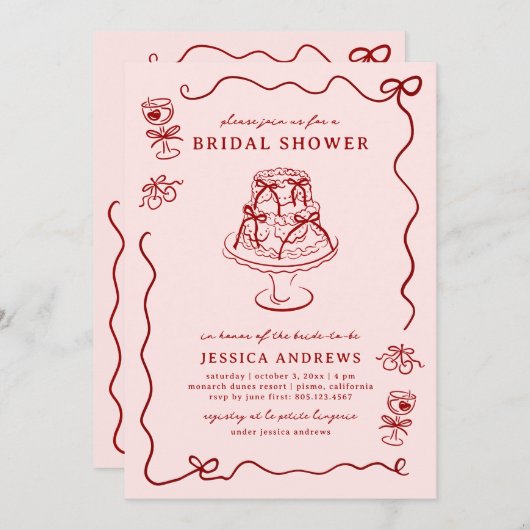 Whimsical Hand Drawn Red Cherries & Bows 招待状 (正面/裏面)