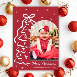 Whimsical Hand-Drawn Red Christmas Tree Arch Photo シーズンカード