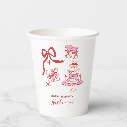 Whimsical Hand Drawn Red Pink Birthday Party 紙コップ (正面)