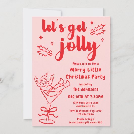 Whimsical Hand Drawn Red Pink Christmas Party  招待状 (正面)