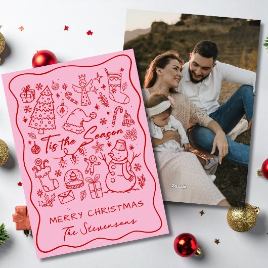 Whimsical Hand Drawn Red Pink Fun Photo Christmas シーズンカード