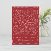 Whimsical Hand Drawn Red & Pink Photo Christmas シーズンカード (スタンド正面)