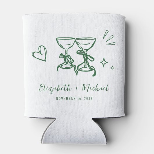 Whimsical Hand Drawn Romantic Green Wedding 缶クーラー (裏面)