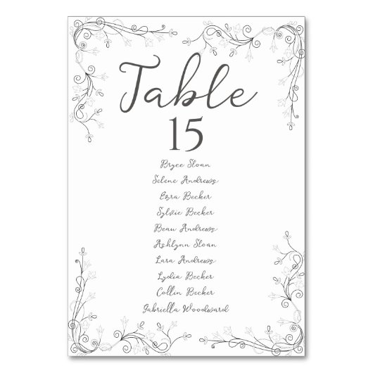 Whimsical Hand Drawn Script Wedding Seating Plan テーブルナンバー (正面)