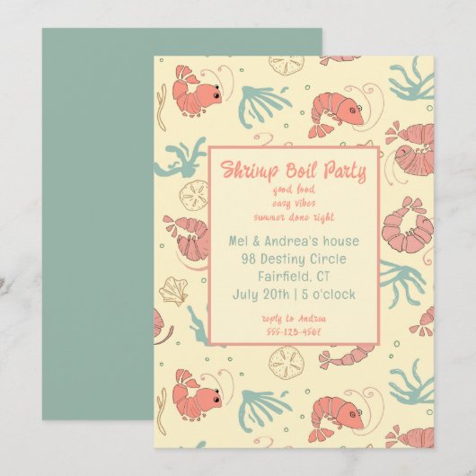 Whimsical Hand Drawn Shrimp Summer Party 招待状 (正面/裏面)