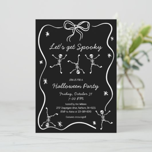 Whimsical Hand Drawn Skeleton Bow Frame Halloween  招待状 (スタンド正面)