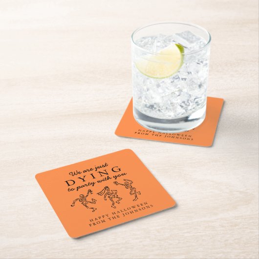 Whimsical Hand Drawn Skeletons Halloween Party スクエアペーパーコースター (インサイチュ)