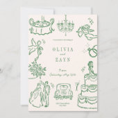  whimsical hand-drawn wedding invitation green 招待状 (正面)