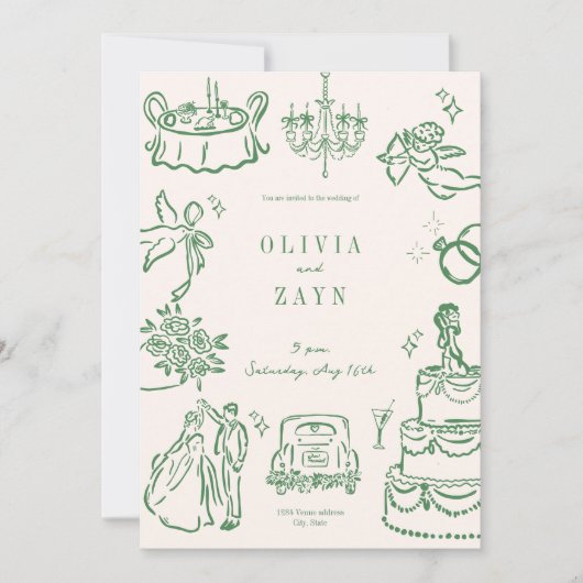  whimsical hand-drawn wedding invitation green 招待状 (正面)