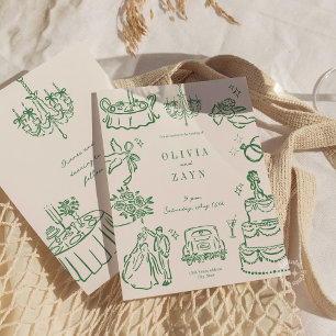 whimsical hand-drawn wedding invitation green 招待状