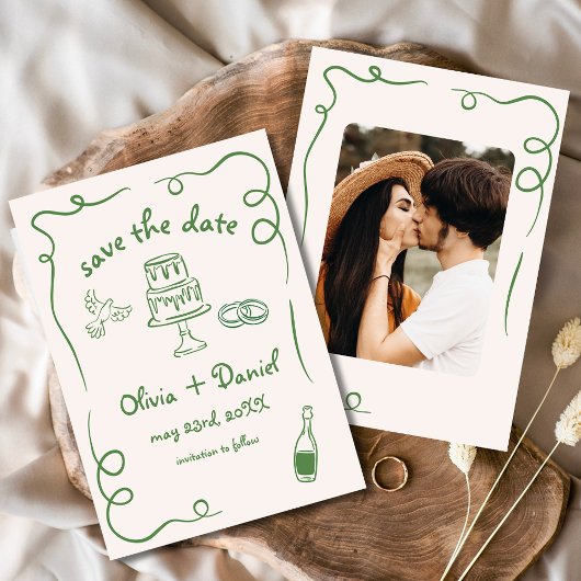  whimsical hand drawn wedding photo green セーブザデート